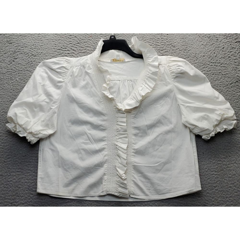 Karlie Blouse Top Womens Large White Puff Sleeves Ruffled Collar Button Front